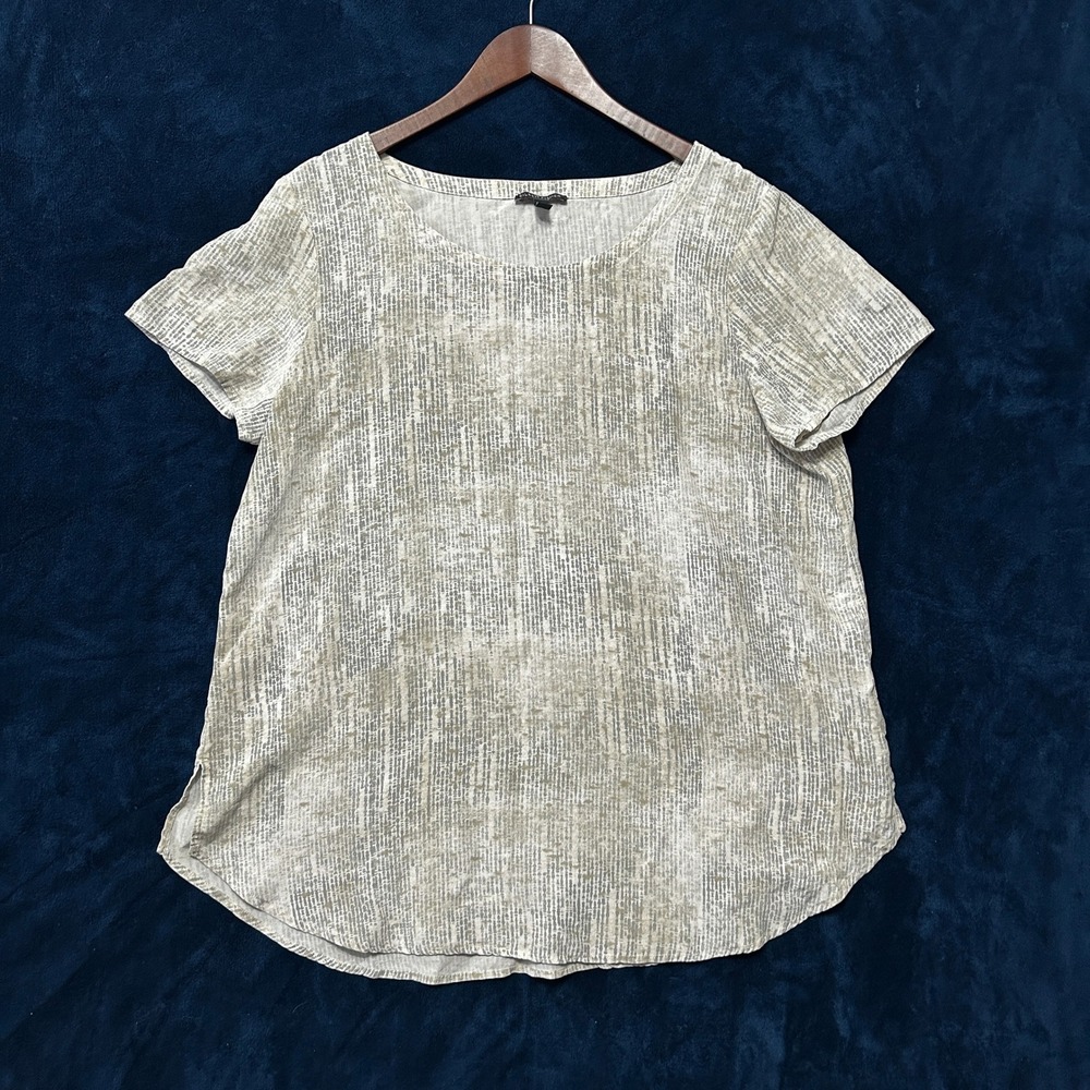 Eileen Fisher Womens XL Silk Short Sleeve Blouse Abstract Print Grey Beige Scoop